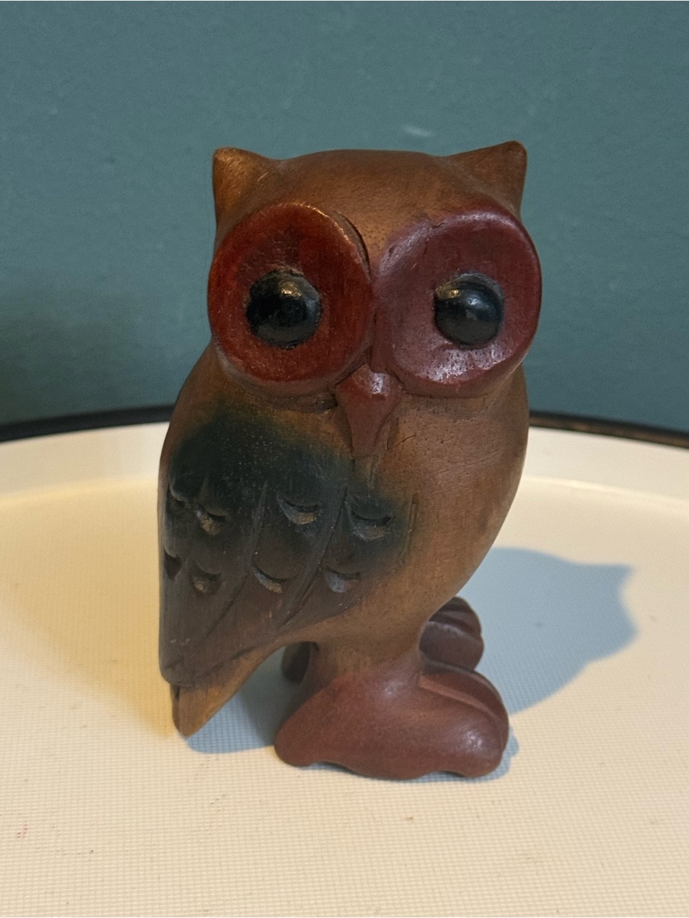 Vintage Handcarved Wooden Owl Figurine 4.5” - Wood Brown with Red Accents 1970s